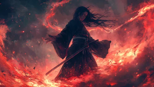 Samurai swordswoman commands roaring inferno battlefield.