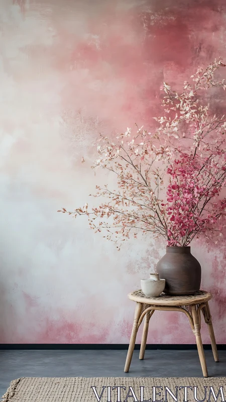 Pink ombre wall and dried florals create serene decor moment.