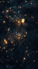Digital painting of luminous moth over conifer boughs at dusk.