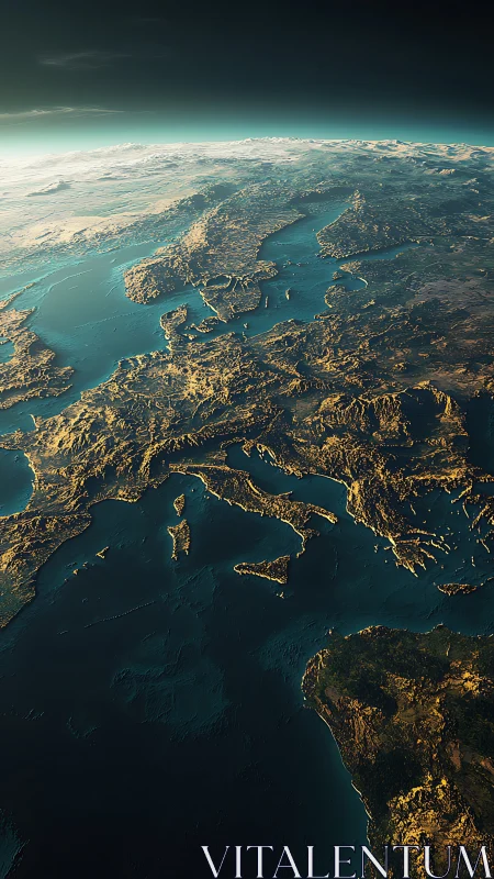 Sunlit Mediterranean coastline curves beneath high orbital view