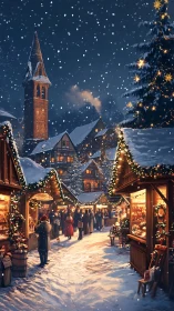 Snowy village Christmas market glows with warm stall lights