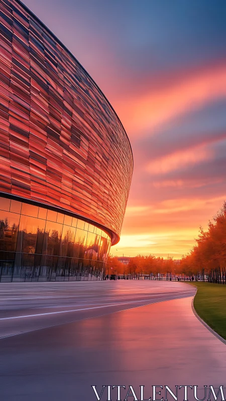 Photorealistic curved glass pavilion at radiant sunset horizon.