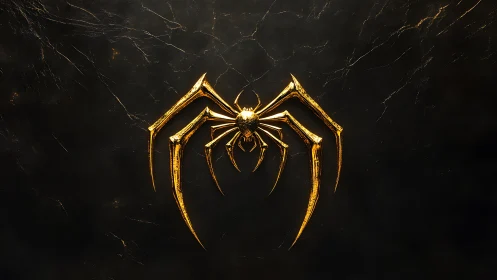 Golden metallic spider emblem glows against dark marble