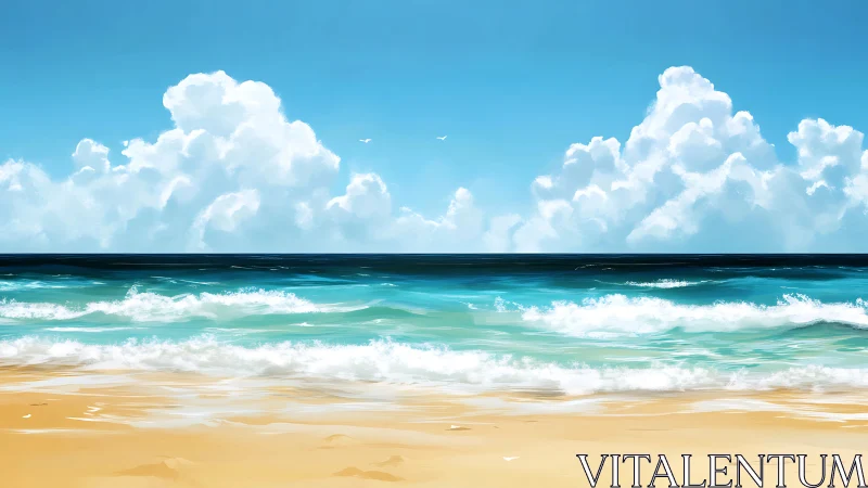 Digital seascape depicts shoreline, waves, and cumulus clouds