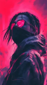 Neon masked wanderer glowing under electric pink skies.