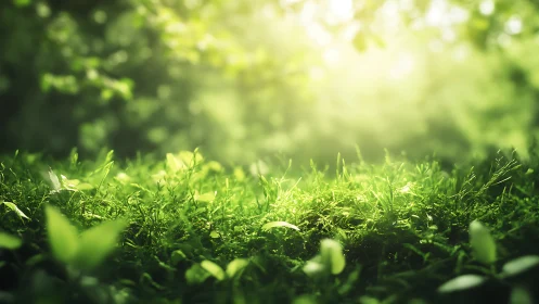Sunlit Green Forest Floor with Lush Moss, Soft Focus Nature Style.