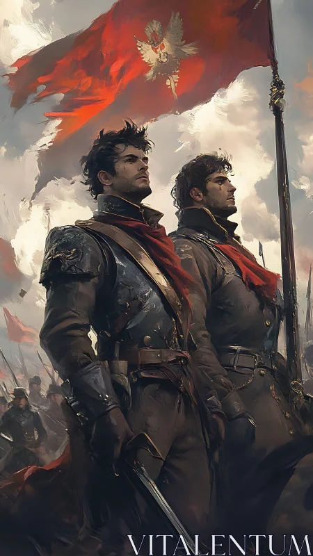 Heroic officers beneath war-torn crimson regimental banner.