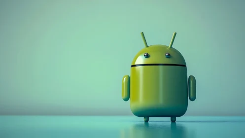 Playful green Android robot stands ready on teal floor