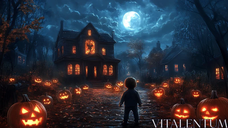 Child stands on jack-o-lantern path facing haunted house at night