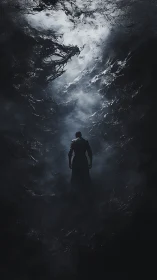 Shadow wanderer ascends toward a storm-torn void sky.