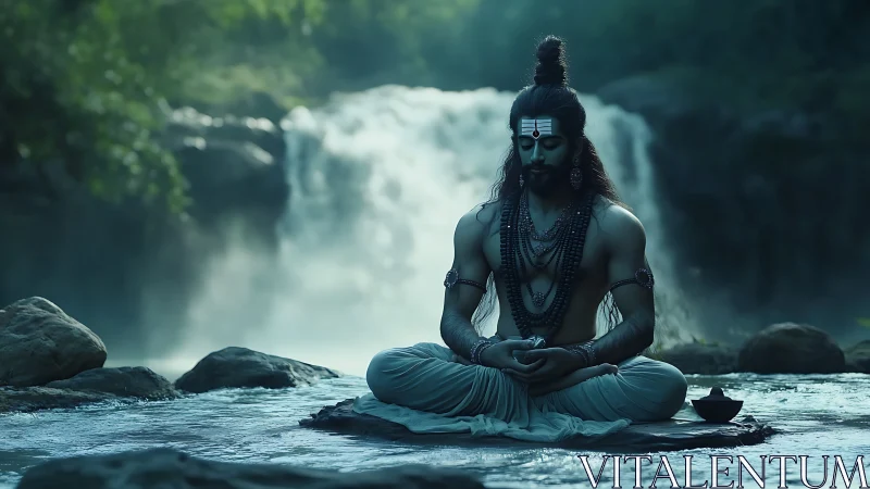 Mystic ascetic in lotus pose before misty waterfall.