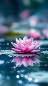 Serene pink water lily blooms in soft reflective light.