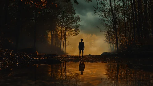 Silhouetted child stands by misty forest water at dusk.