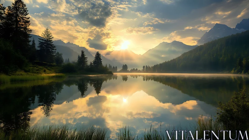 Mountain lake sunrise with forest reflections on water.