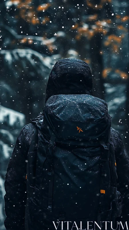Lone hiker with dark backpack in falling forest snowstorm.