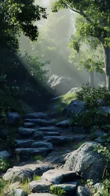 Enchanted Forest Path Through Misty Stone Canyon