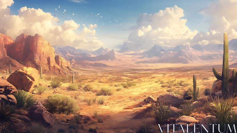 Sunlit desert canyon opens toward distant hazy mountains