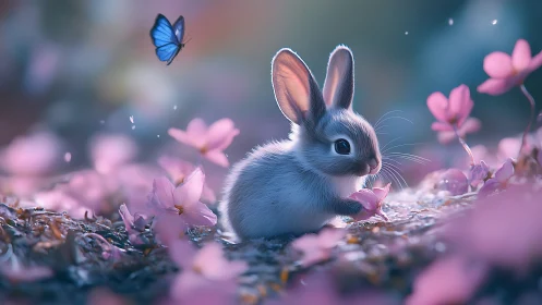Young rabbit amid pink blossoms with blue butterfly.