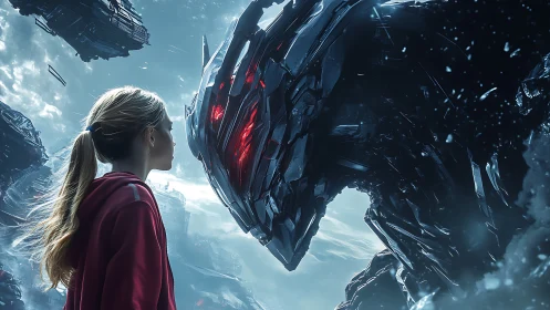 Girl confronts towering alien mech amid stormy sci fi ruins.