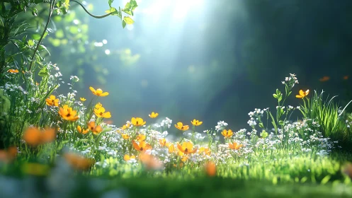 Sunlit wildflower meadow glows under soft morning beams