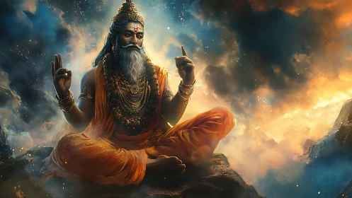 Digital painting of meditative sage in celestial clouds.