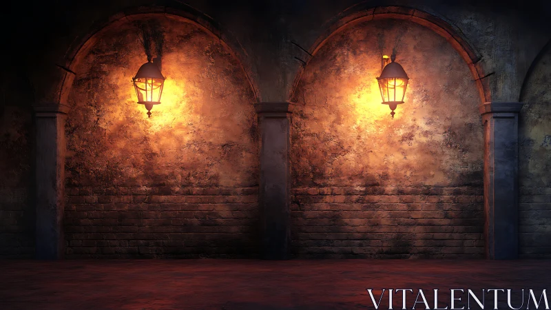 Warm lantern light gently brightens a quiet stone arcade