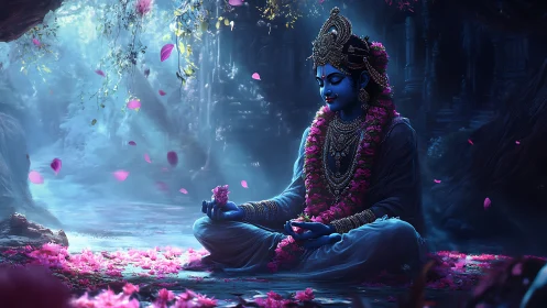 Blue divine figure meditating in flower strewn forest.