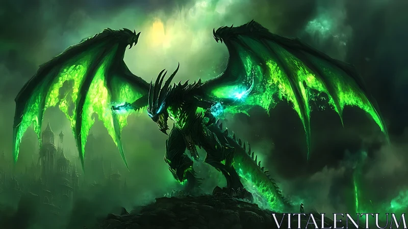 Emerald inferno dragon ignites stormlit skies above citadel