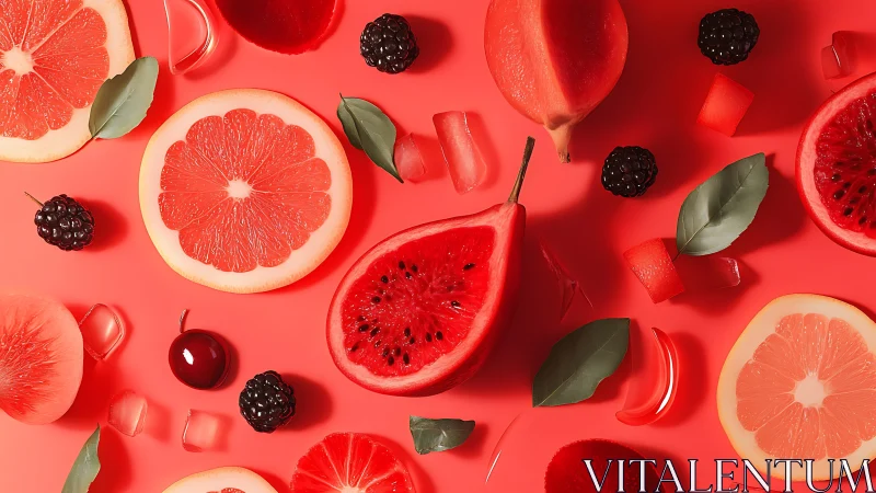 Red citrus and berries arranged on vivid coral backdrop.