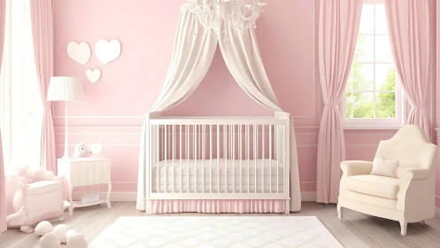 Soft pink nursery interior with crib and draped canopy design.