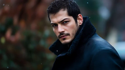 Brooding winter stranger in a navy coat of quiet storms.