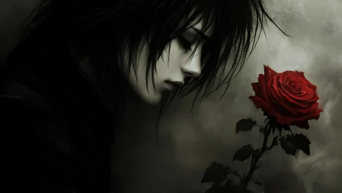 Melancholic anime figure contemplates a single red rose.
