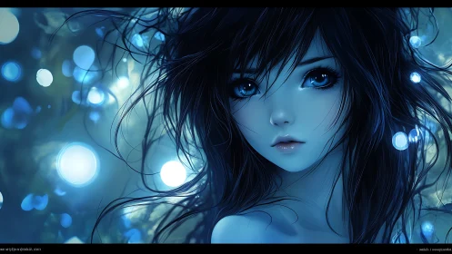 Blue-lit anime portrait with bokeh and intricate hair rendering