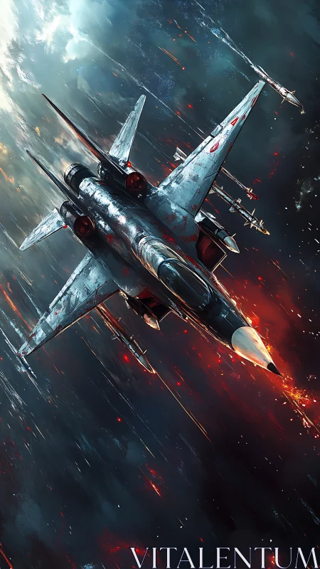 Soaring fighter jet cuts through stormy sky in fiery pursuit