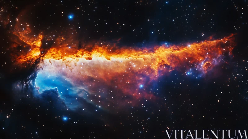 Fiery cosmic nebula blazes across a star filled deep space sky