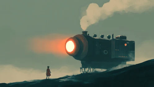 Steam locomotive with large headlight facing lone figure.