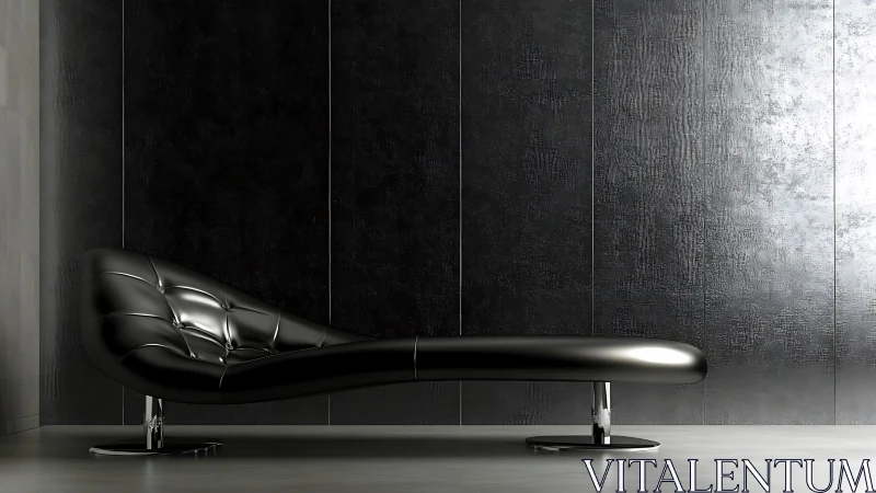 Curved black leather chaise on chrome base in minimal dark interior