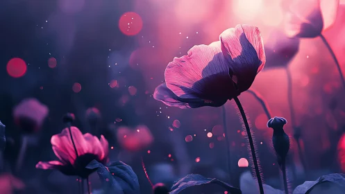 Backlit poppy flowers in shallow depth of field scene.