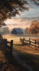 Wooden cabin stands beyond curved fence in autumn light