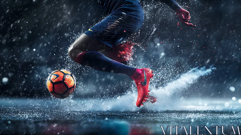 Hydrodynamic soccer sprint with rain-swept motion capture focus.