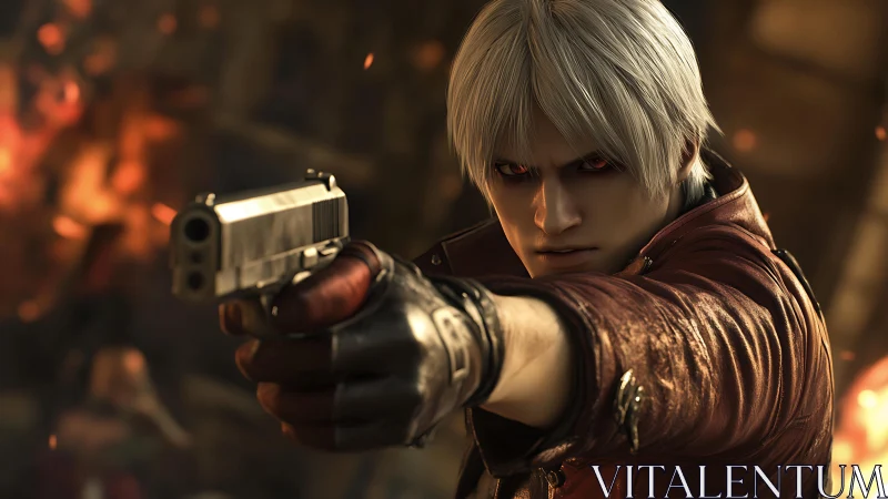 White haired gunman in red jacket aiming forward in firelit scene.