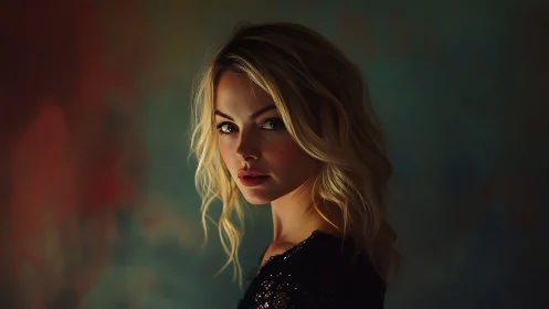 Side-lit portrait of woman against dark blurred backdrop.