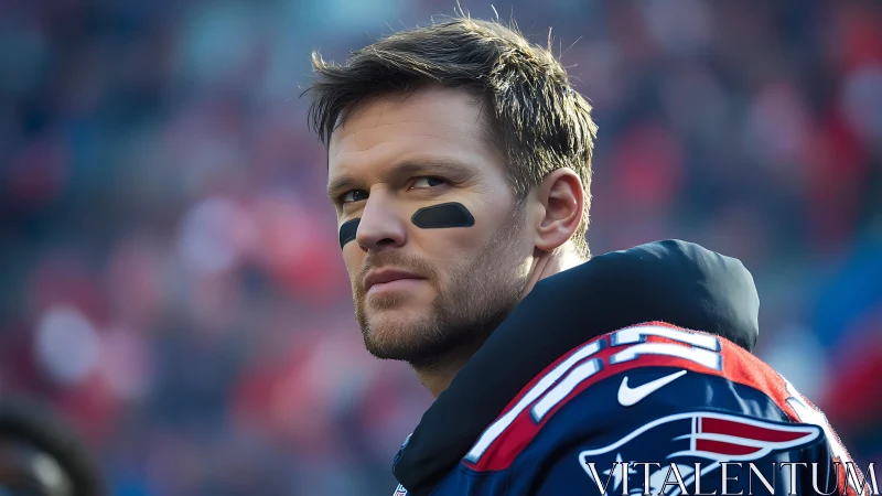 Focused football player wrapped in team colors on gameday.
