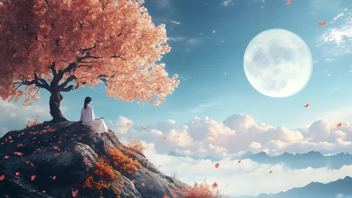 Figure sits beneath a pink tree on a rocky hill facing moon