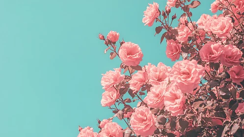 Clustered pink roses against turquoise sky: botanical composition with saturated chromatic contrast