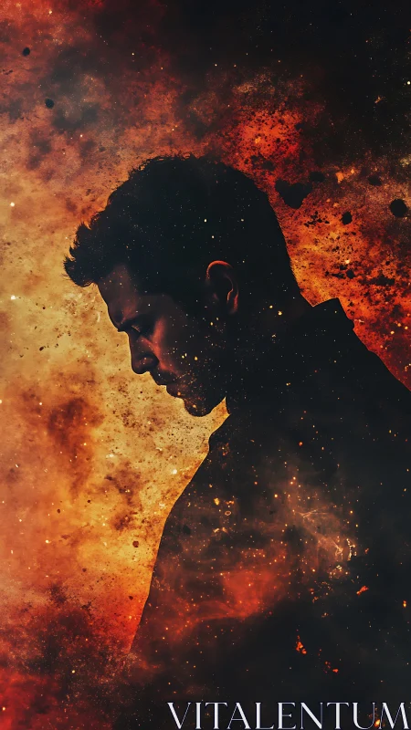 Digital painting silhouette within cosmic nebula silhouette profile.