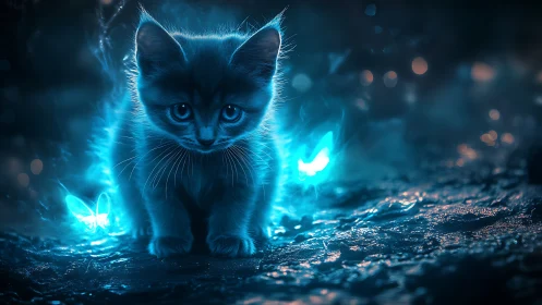 Neon Kitten with Luminescent Aura in Dark Environment.