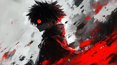 Silhouetted figure with red eye stands in abstract motion field