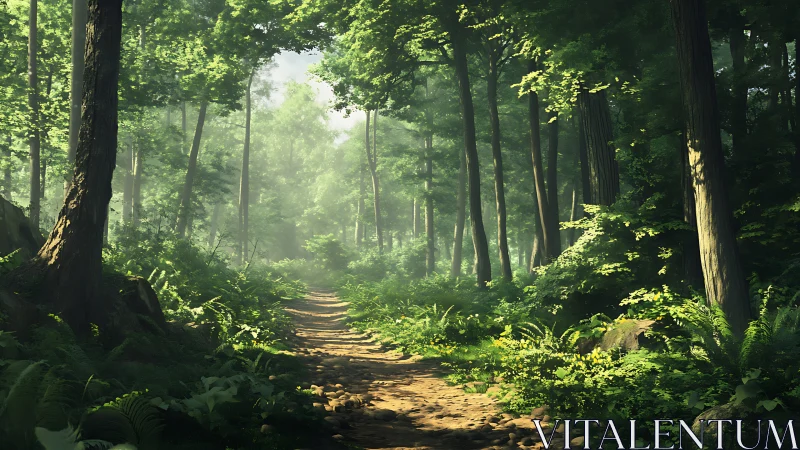 Forest Path with Tall Trees and Filtered Sunlight