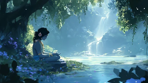 Blue-skinned figure meditates beside luminous forest pool